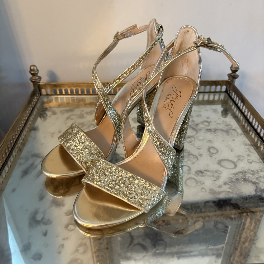 Jewel Badgley Mischka Shoes Women Size 6.5 Gold Glitter Heels Dress Cocktail
